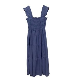 London Times Women's XL Blue Gingham Peasant Smocked‎ Tiered Dress Ruffle Straps